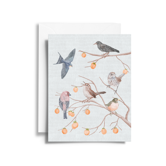 Garden Songbirds & Winter Persimmon Tree Fine Art Card