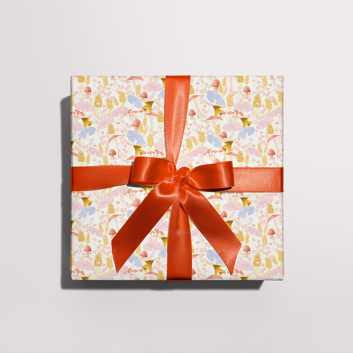 Gift wrapped in Pastel Mushroom gift wrap with a red ribbon