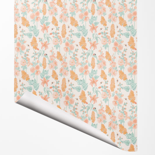 Poppy & Hummingbird gift wrap sheet with corner turned
