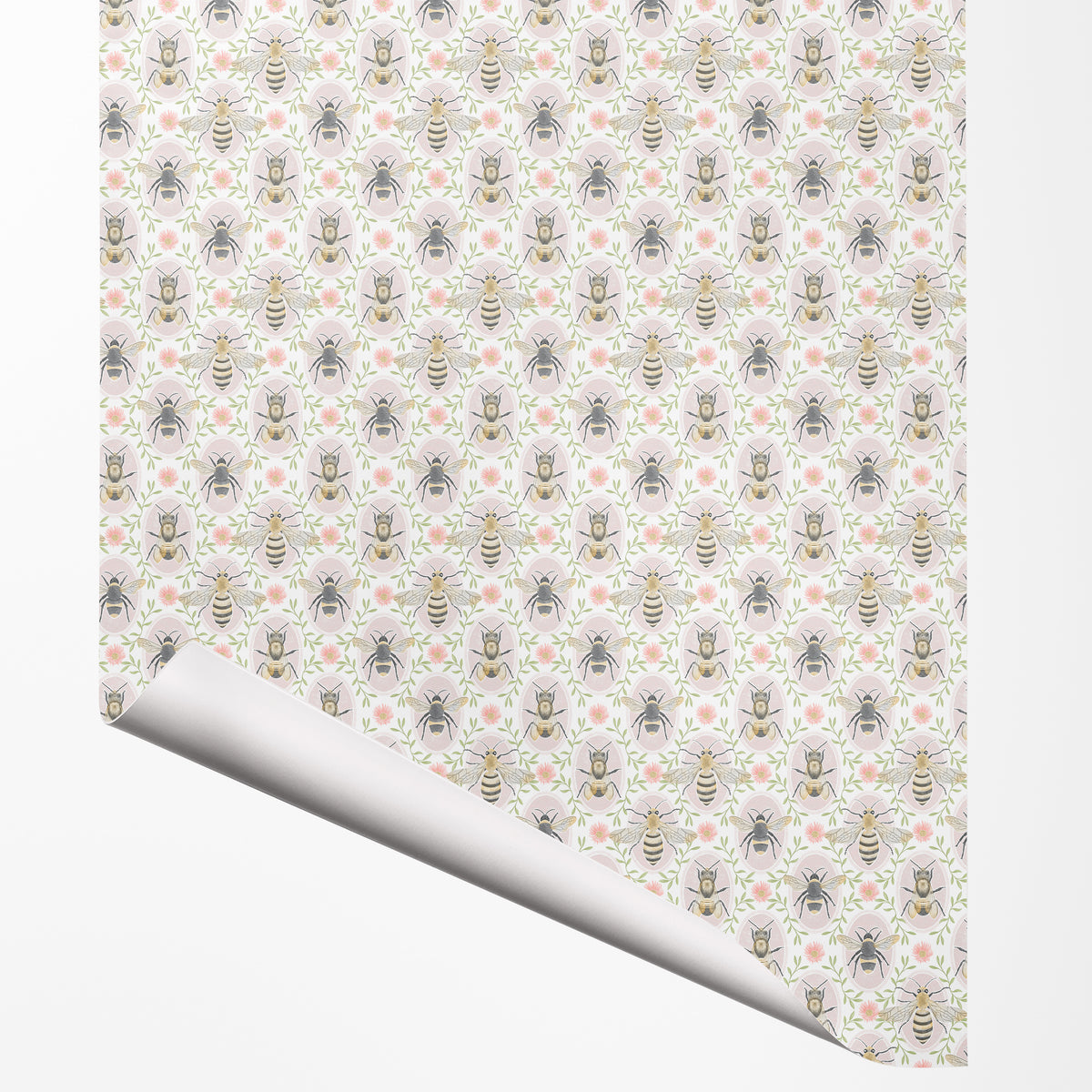 Pollinator Bees gift wrap sheet with corner turned