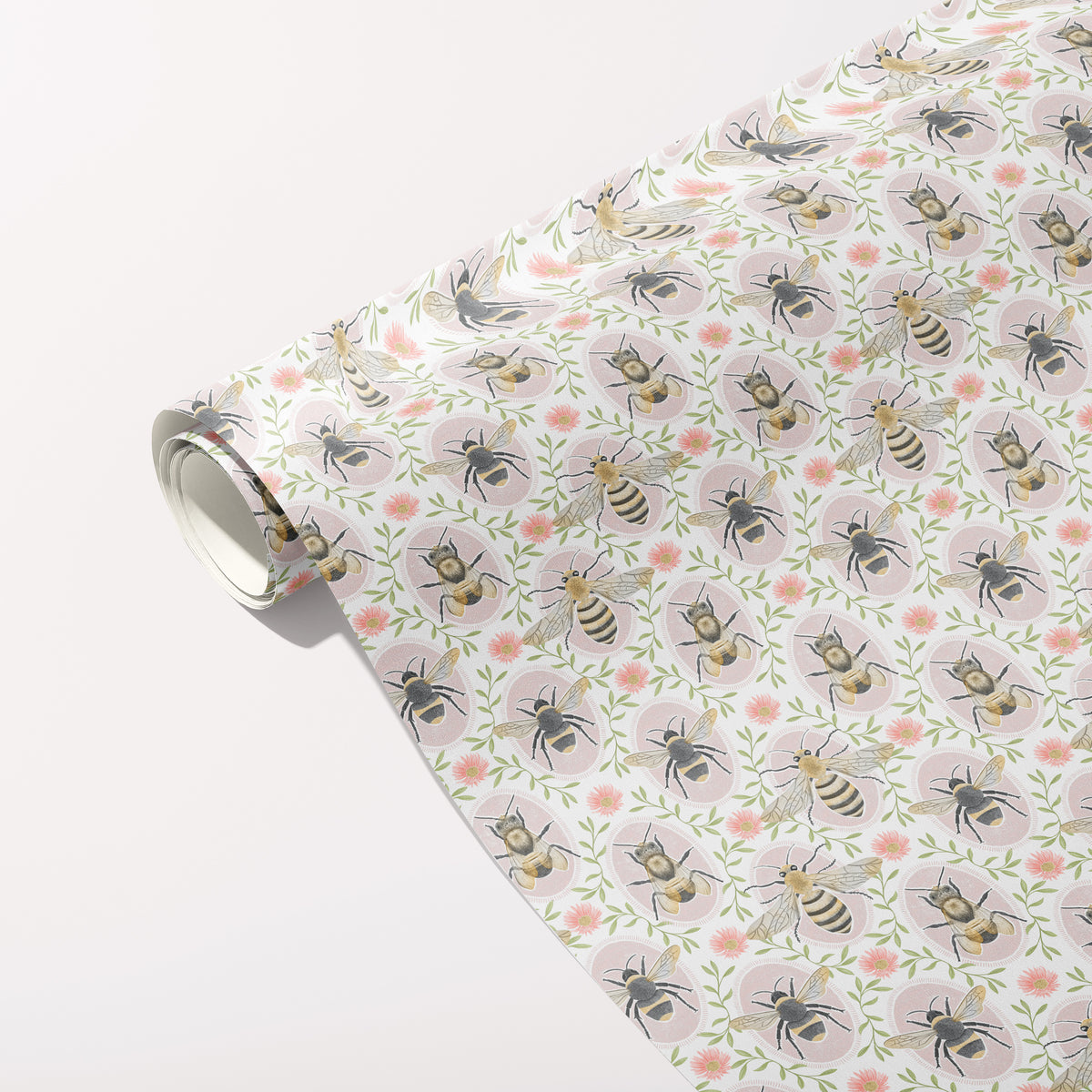 Pollinator Bees gift wrap roll unfurled