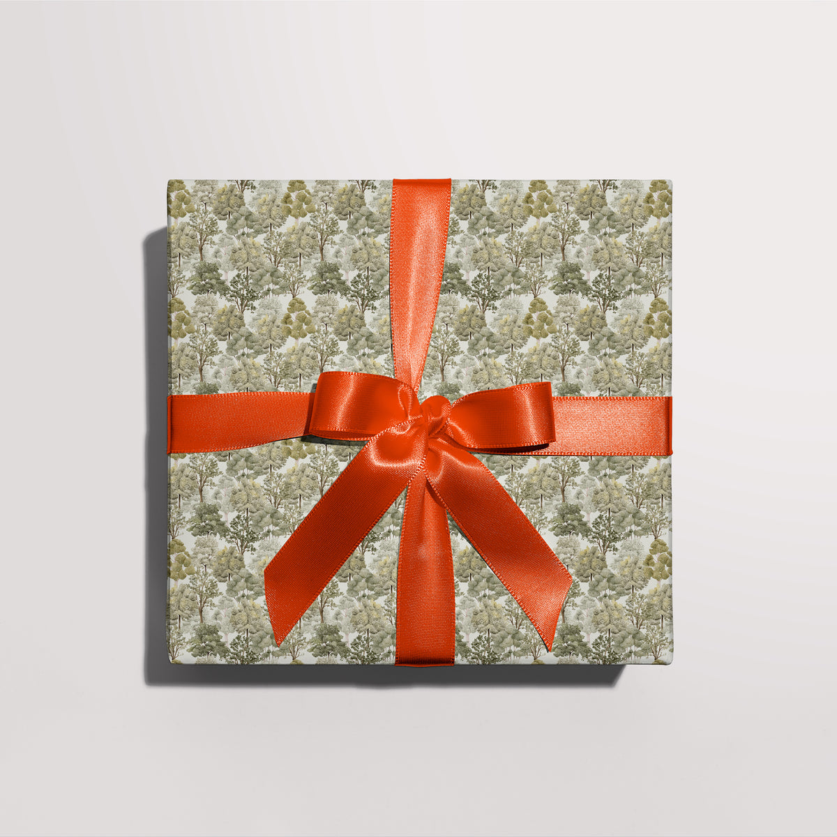 Gift wrapped in Deciduous Forest gift wrap with a red ribbon